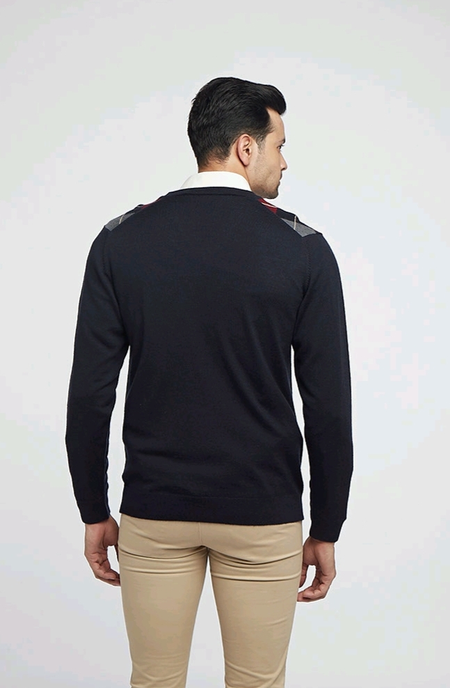 Black Merino Wool Monte Carlo V-Neck Fashion Sweater| Men